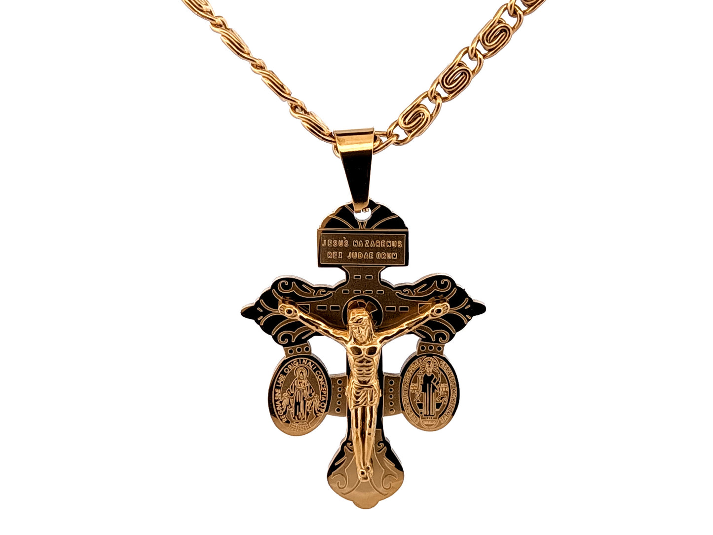 Gold plated Pardon crucifix with 19" 18K gold plated stainless steel chain.