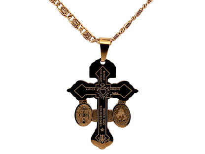 Gold plated Pardon crucifix with 19" 18K gold plated stainless steel chain.