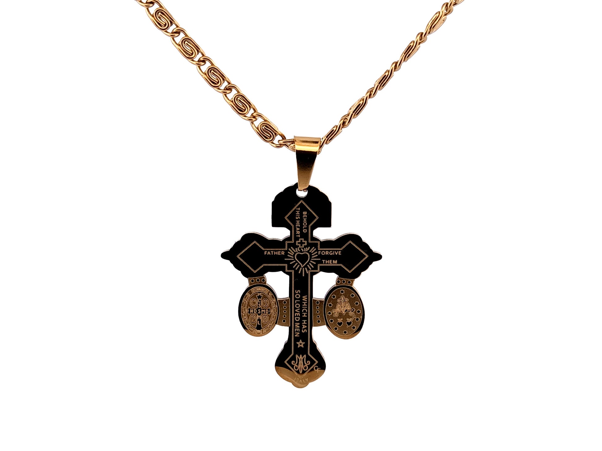 Gold plated Pardon crucifix with 19" 18K gold plated stainless steel chain.