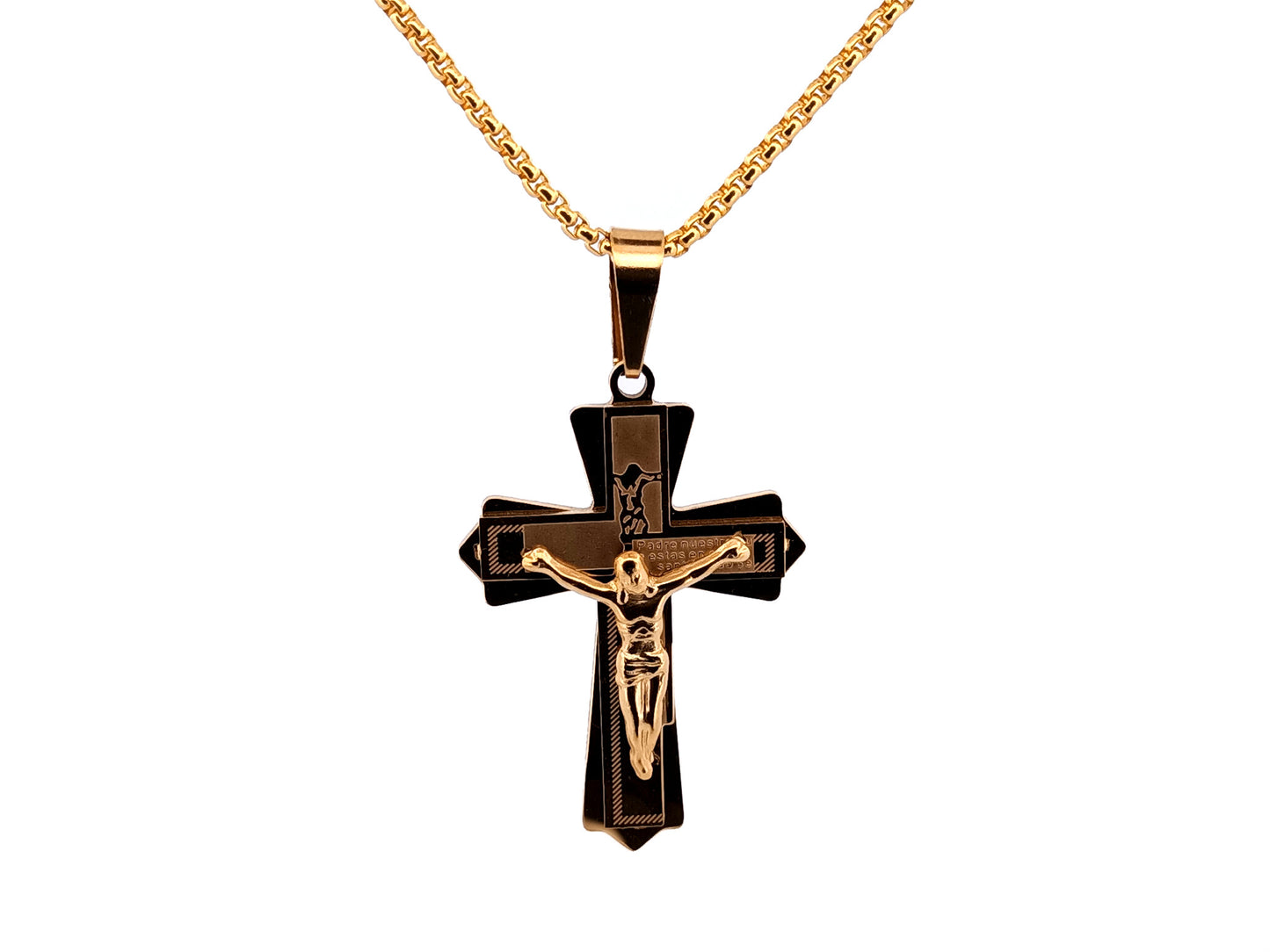 Gold plated Our Father crucifix with 23" 18K gold plated stainless steel chain.