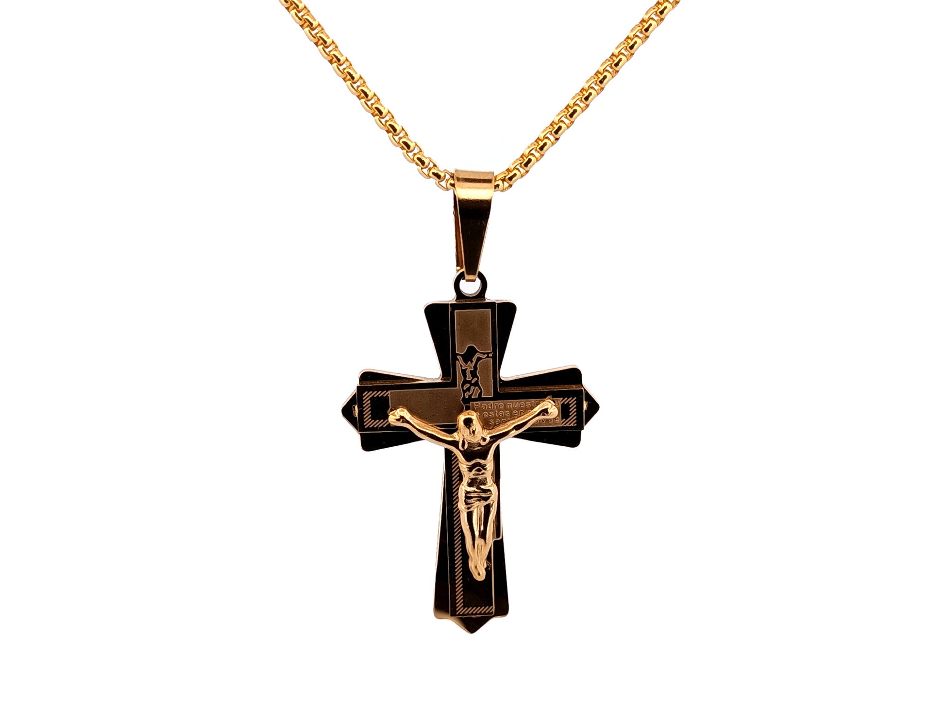 Gold plated Our Father crucifix with 23" 18K gold plated stainless steel chain.