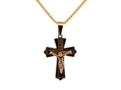 Gold plated Our Father crucifix with 23" 18K gold plated stainless steel chain.