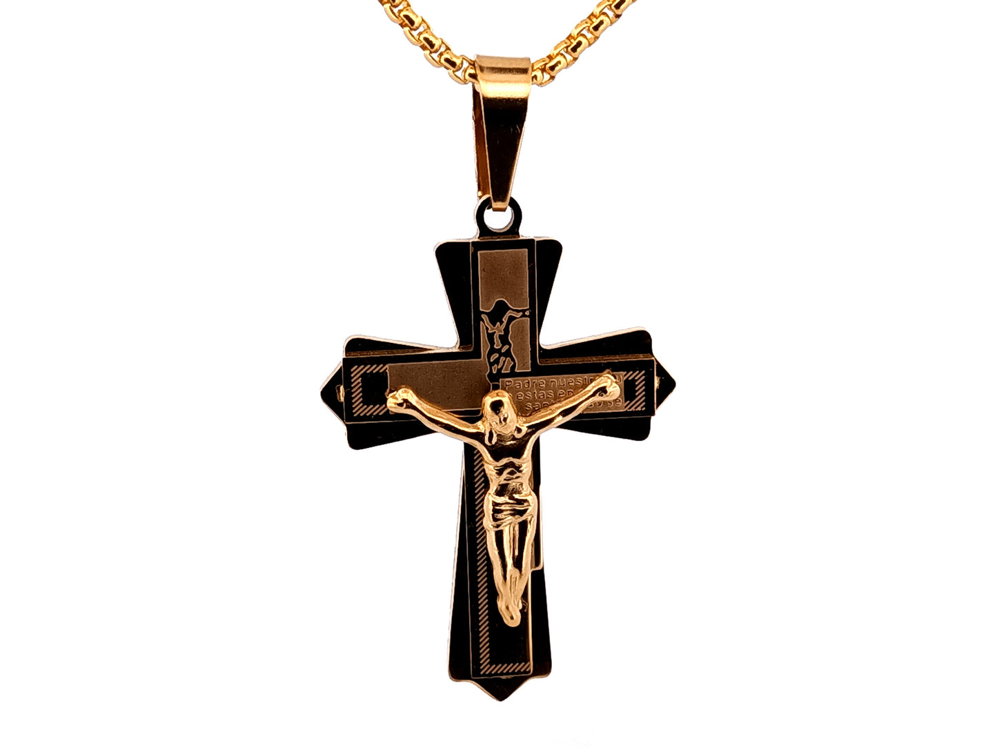 Gold plated Our Father crucifix with 23" 18K gold plated stainless steel chain.