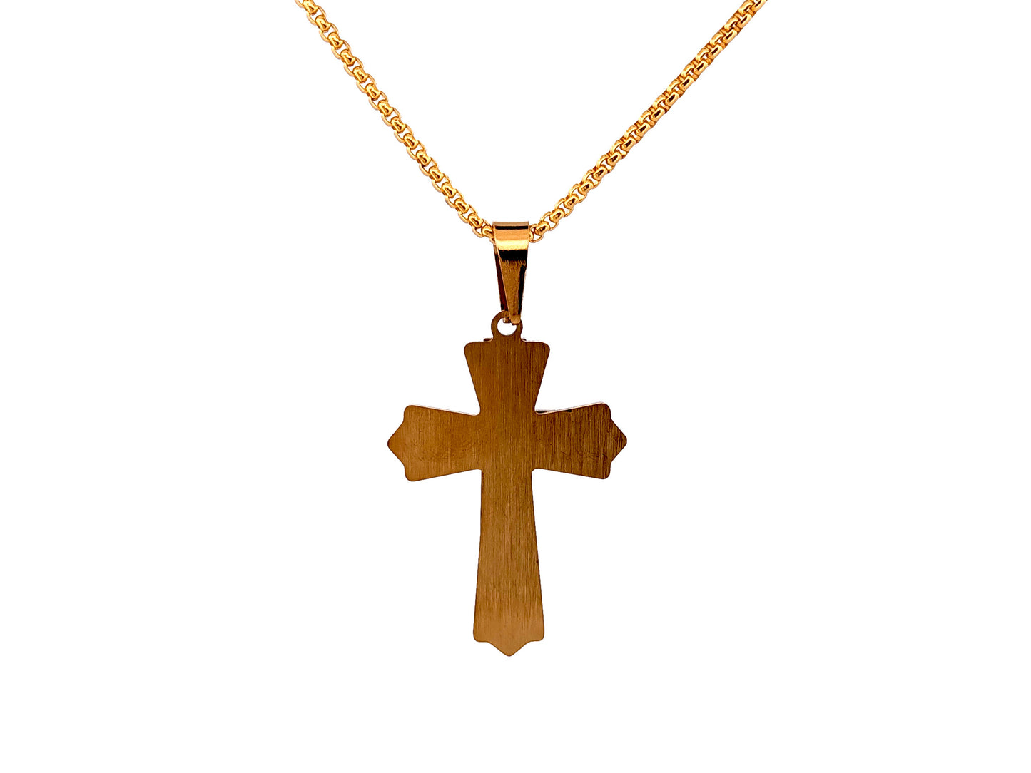 Gold plated Our Father crucifix with 23" 18K gold plated stainless steel chain.