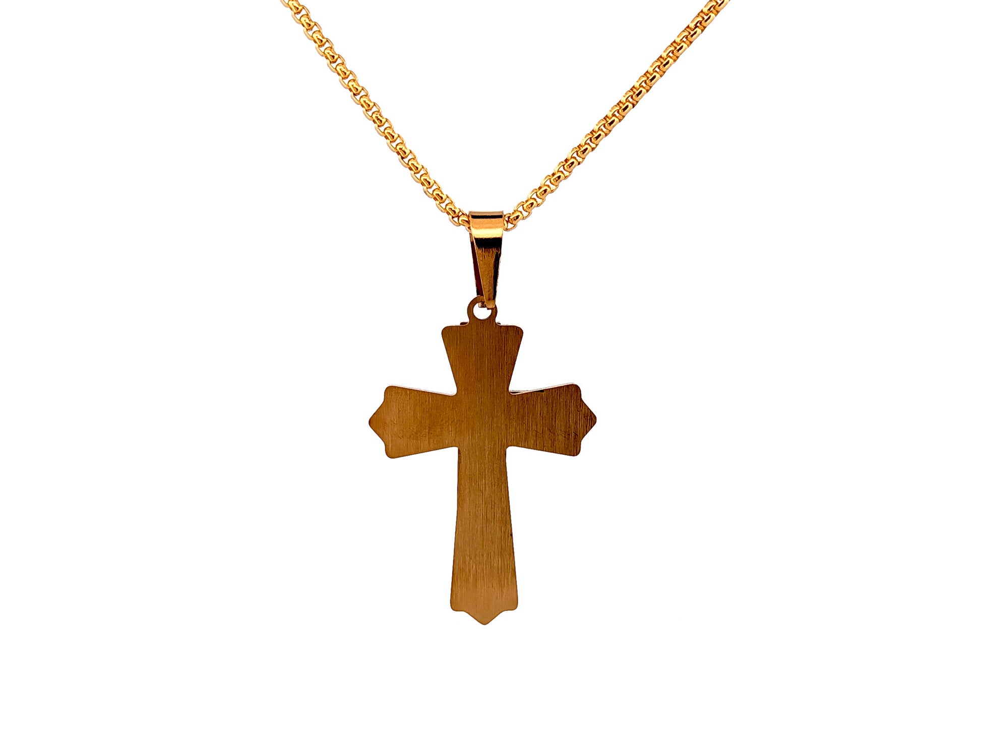 Gold plated Our Father crucifix with 23" 18K gold plated stainless steel chain.