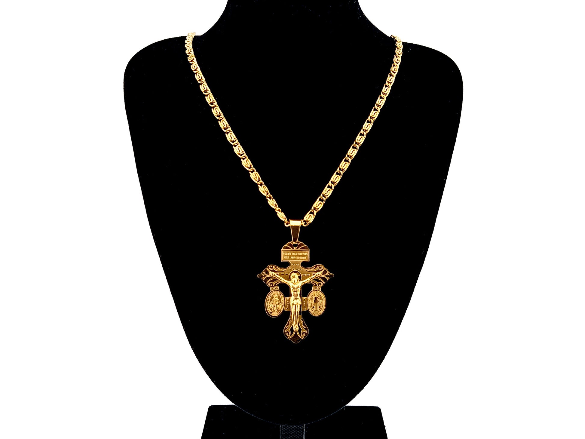 Gold plated Pardon crucifix with 19" 18K gold plated stainless steel chain.