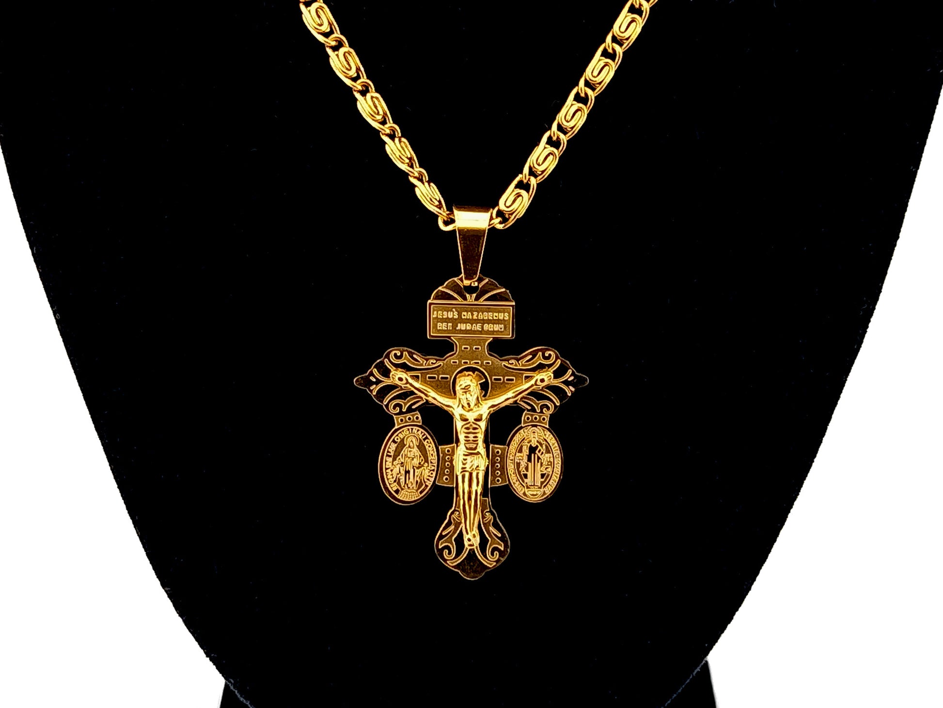 Gold plated Pardon crucifix with 19" 18K gold plated stainless steel chain.