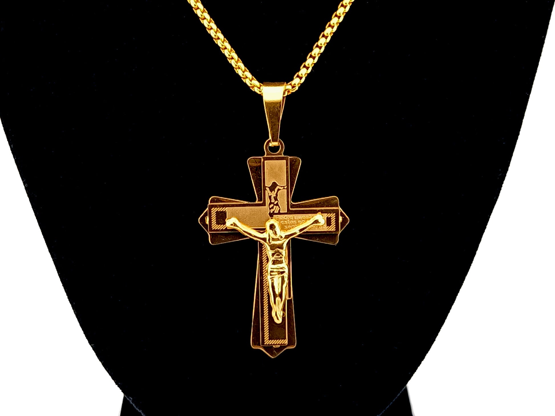 Gold plated Our Father crucifix with 23" 18K gold plated stainless steel chain.