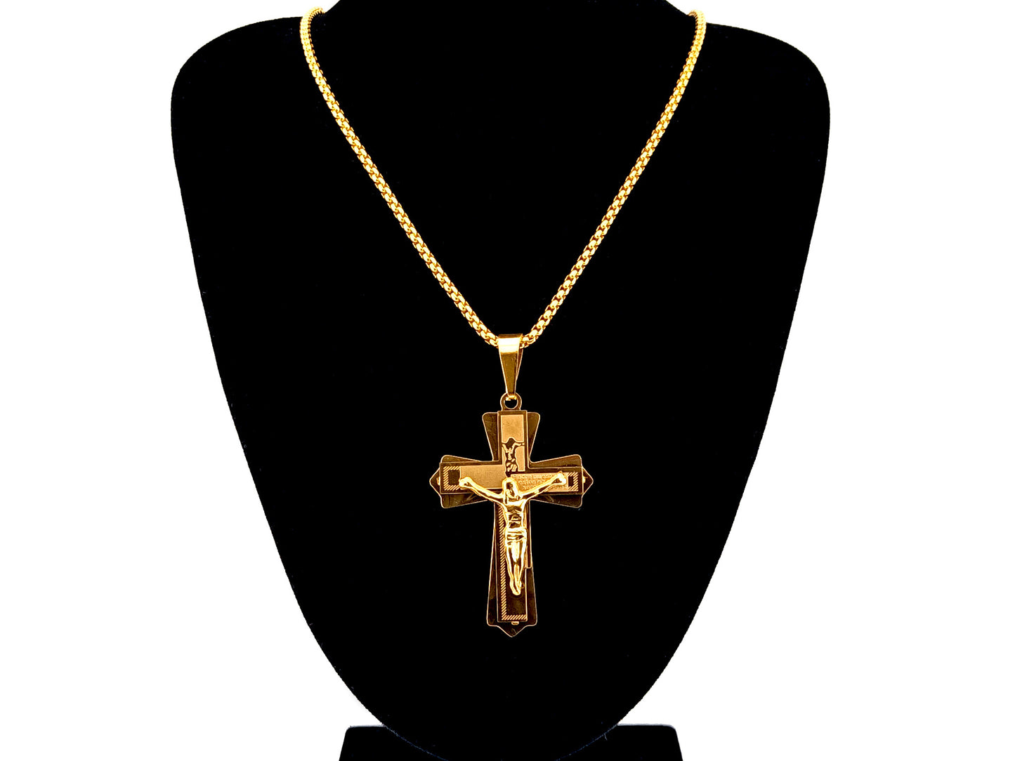 Gold plated Our Father crucifix with 23" 18K gold plated stainless steel chain.