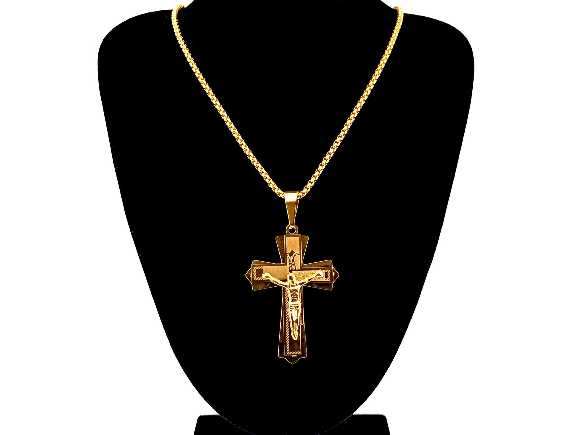 Gold plated Our Father crucifix with 23" 18K gold plated stainless steel chain.