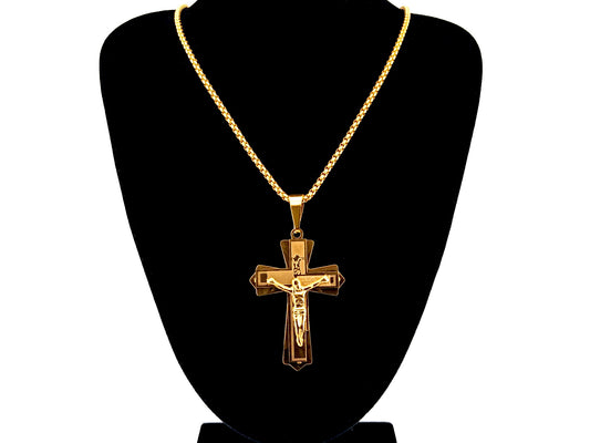 Gold plated Our Father crucifix with 23" 18K gold plated stainless steel chain.