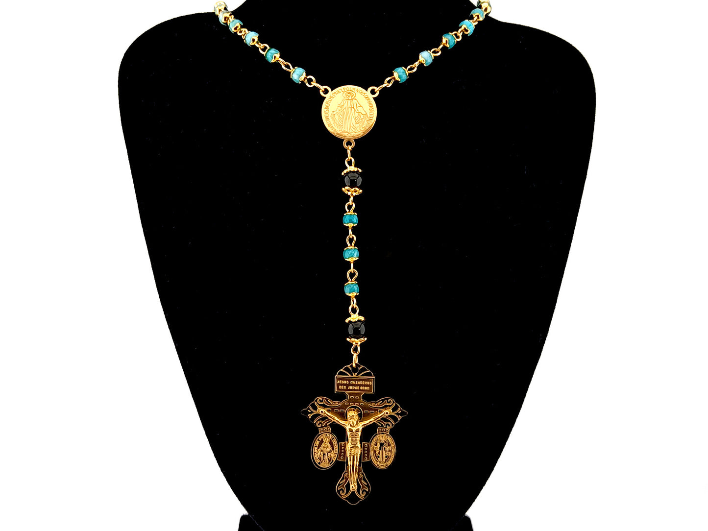 Miraculous Medal agate and onyx gemstone rosary beads with gold plated Pardon crucifix.