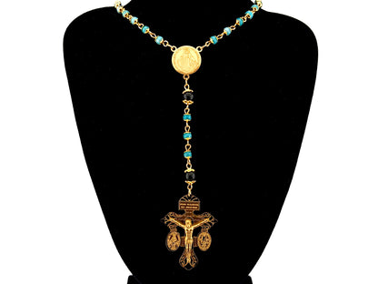 Miraculous Medal agate and onyx gemstone rosary beads with gold plated Pardon crucifix.
