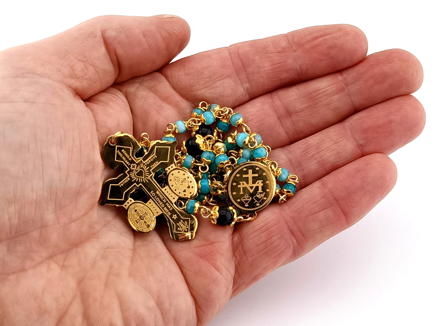Miraculous Medal agate and onyx gemstone rosary beads with gold plated Pardon crucifix.
