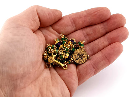 Saint Benedict unique rosary beads agate and amethyst gemstone rosary with small gold plated Saint Benedict crucifix.