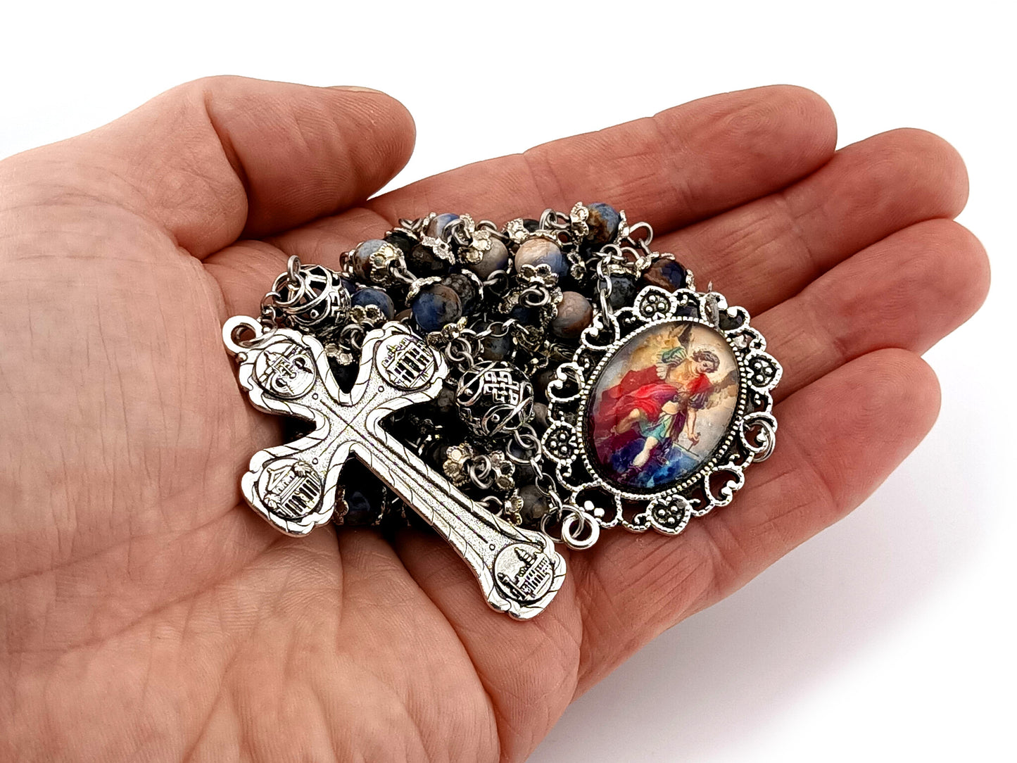 Saint Michael unique rosary beads aventurine gemstone and silver rosary with silver plated four Basilica crucifix.