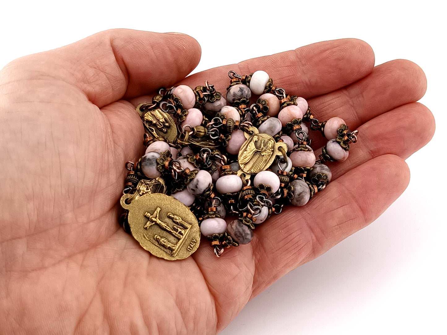 Our Lady of Sorrows unique rosary beads jasper gemstone prayer chaplet with bronze meditation medals.