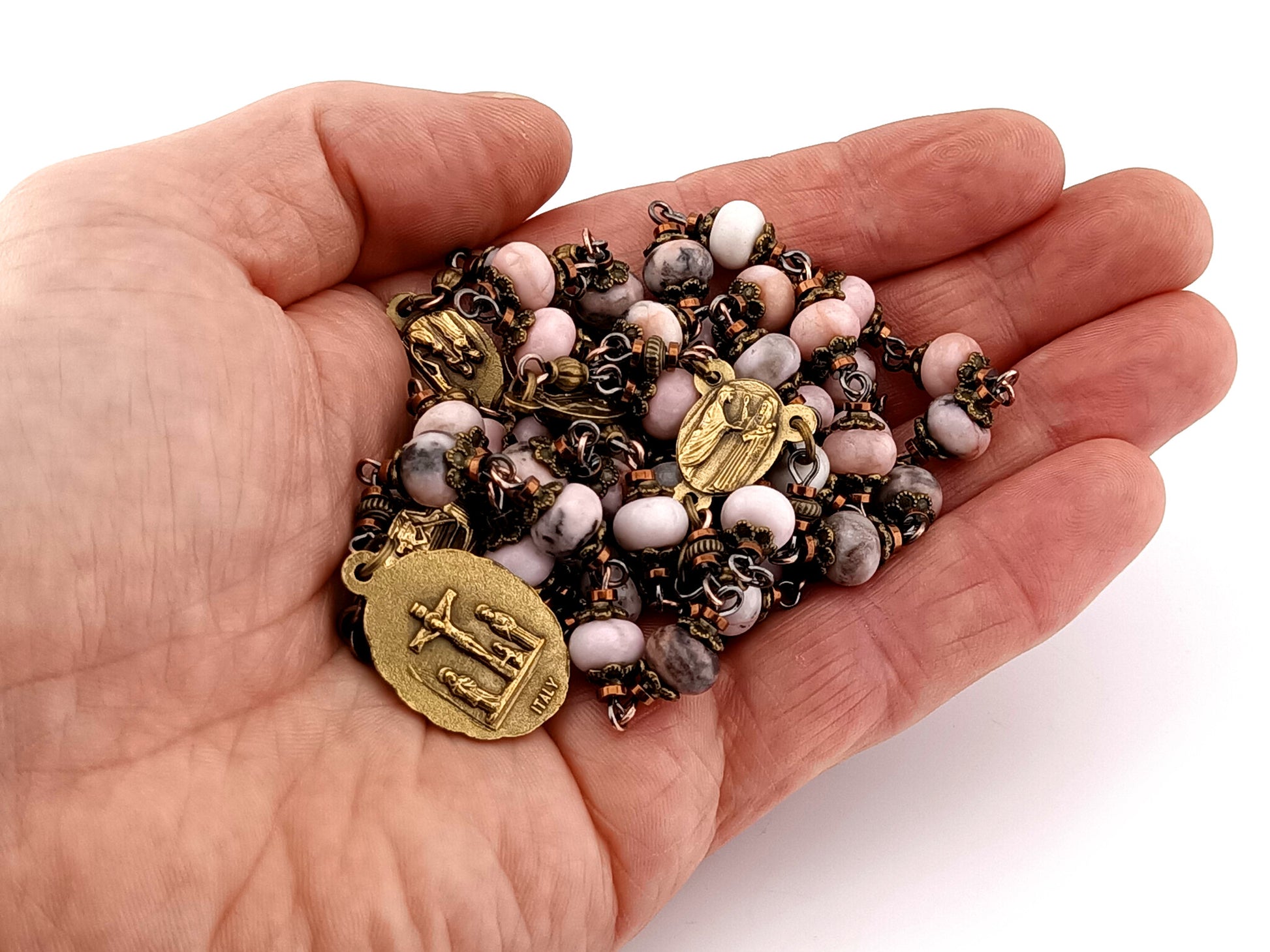 Our Lady of Sorrows unique rosary beads jasper gemstone prayer chaplet with bronze meditation medals.