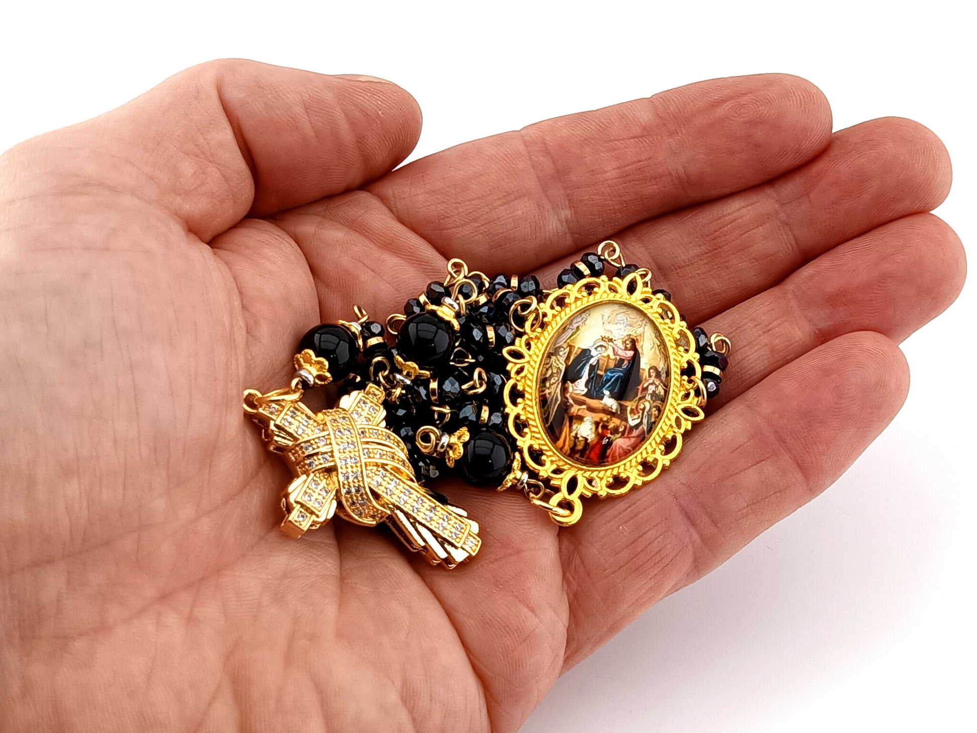 Crowing of Our Lady unique rosary beads faceted black glass and onyx gemstone rosary with gold plated cubic zirconia cross.