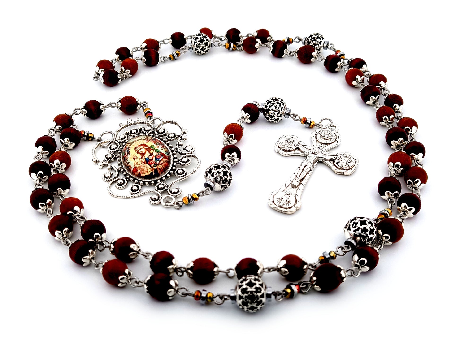 Our Lady of Perpetual Help unique rosary beads dark olive wood and silver rosary with Four Basilicas crucifix.