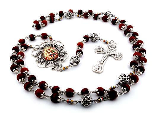 Our Lady of Perpetual Help unique rosary beads dark olive wood and silver rosary with Four Basilicas crucifix.