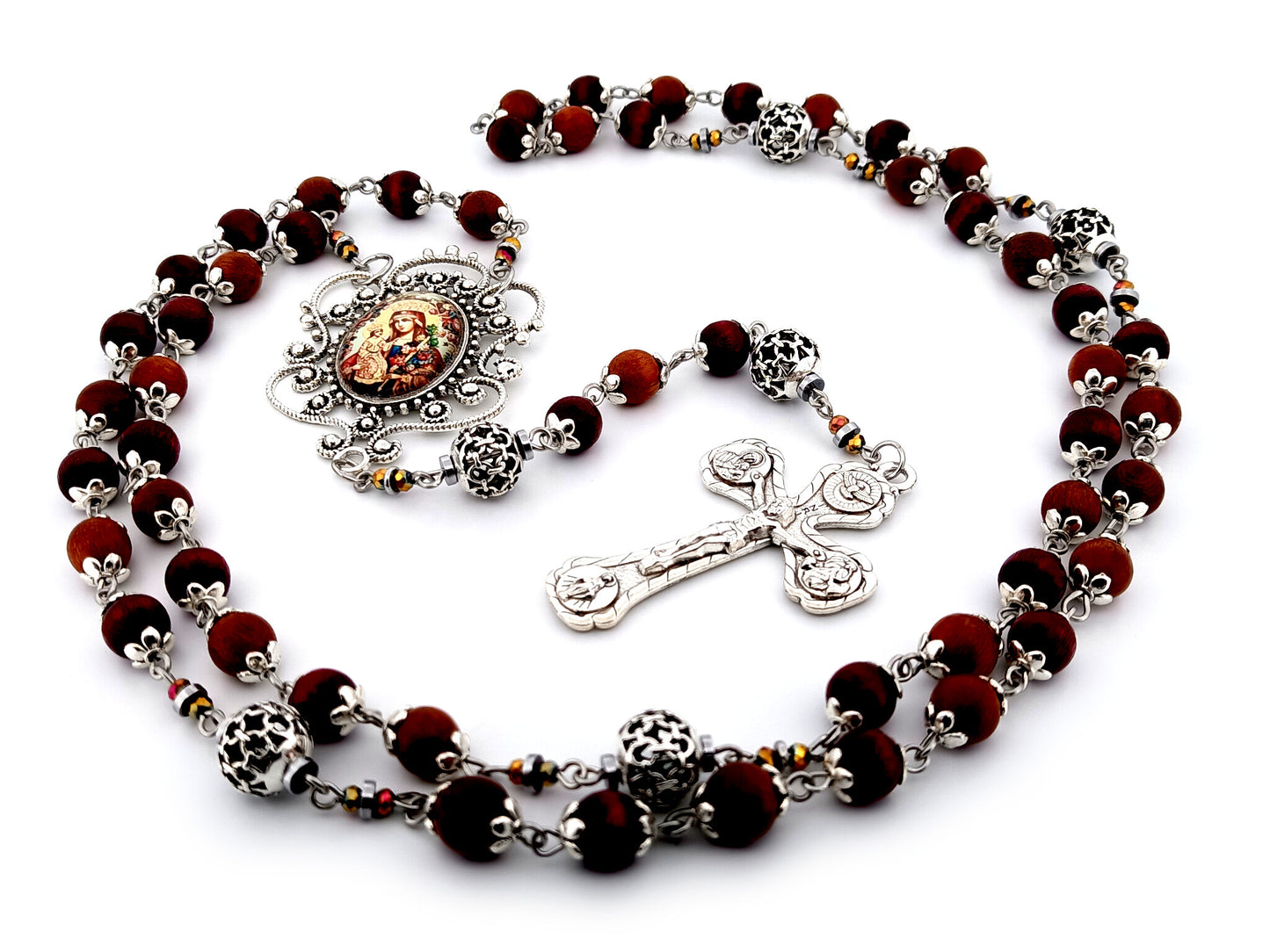 Our Lady of Perpetual Help unique rosary beads dark olive wood and silver rosary with Four Basilicas crucifix.