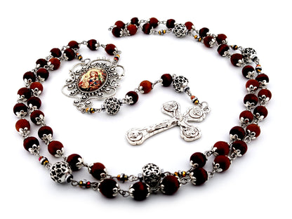 Our Lady of Perpetual Help unique rosary beads dark olive wood and silver rosary with Four Basilicas crucifix.