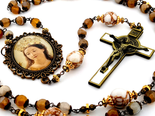 Our Lady Queen of Heaven unique rosary beads  faceted agate and howlite gemstone rosary with bronze and white enamel Saint Benedict crucifix.