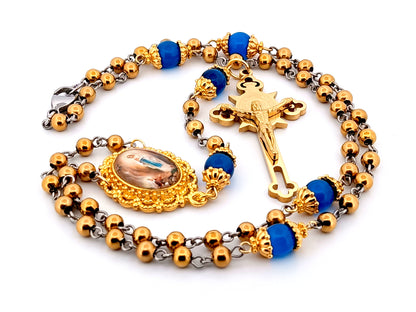 Our Lady of Lourdes unique rosary beads gold plated stainless steel and blue cats eye glass rosary with gold plated Saint Benedict crucifix.