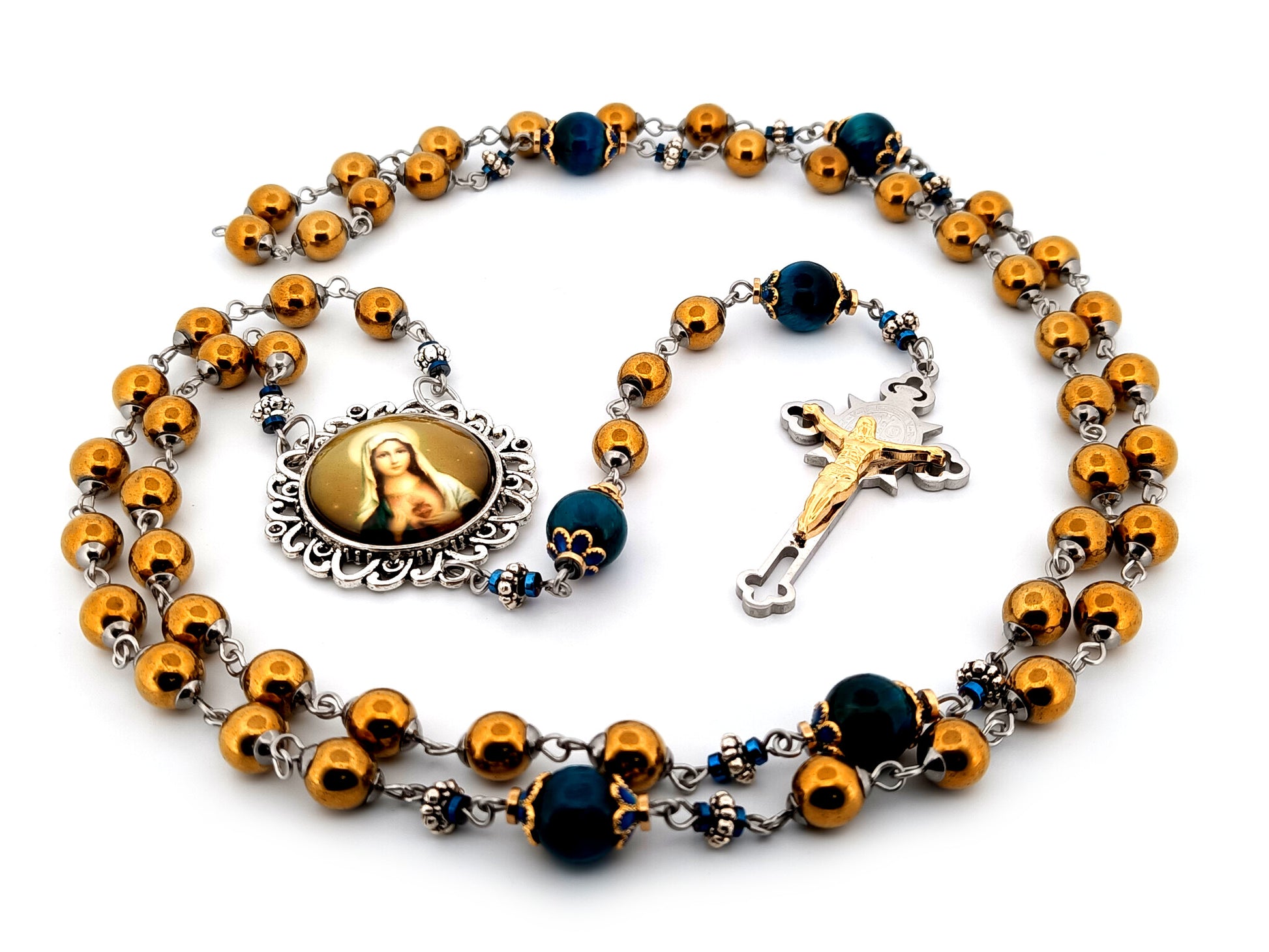 Immaculate Heart of Mary unique rosary beads copper hematite and blue tigers eye gemstone rosary with Saint Benedict crucifix.