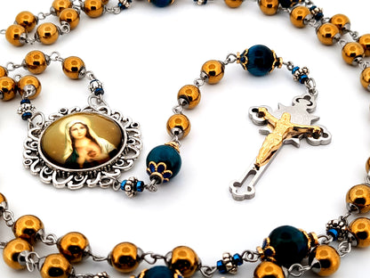 Immaculate Heart of Mary unique rosary beads copper hematite and blue tigers eye gemstone rosary with Saint Benedict crucifix.