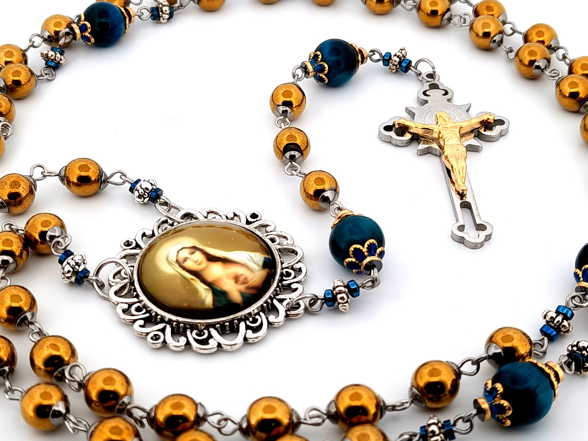 Immaculate Heart of Mary unique rosary beads copper hematite and blue tigers eye gemstone rosary with Saint Benedict crucifix.