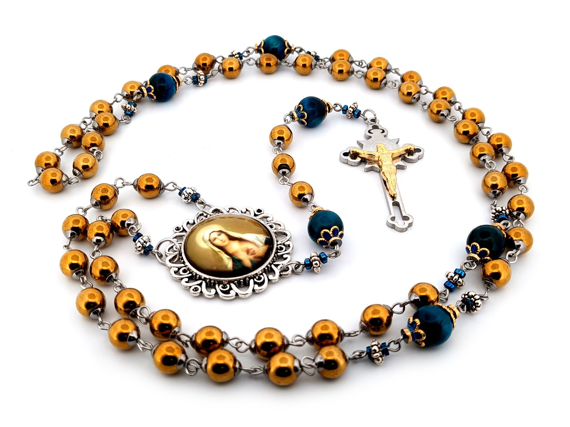 Immaculate Heart of Mary unique rosary beads copper hematite and blue tigers eye gemstone rosary with Saint Benedict crucifix.