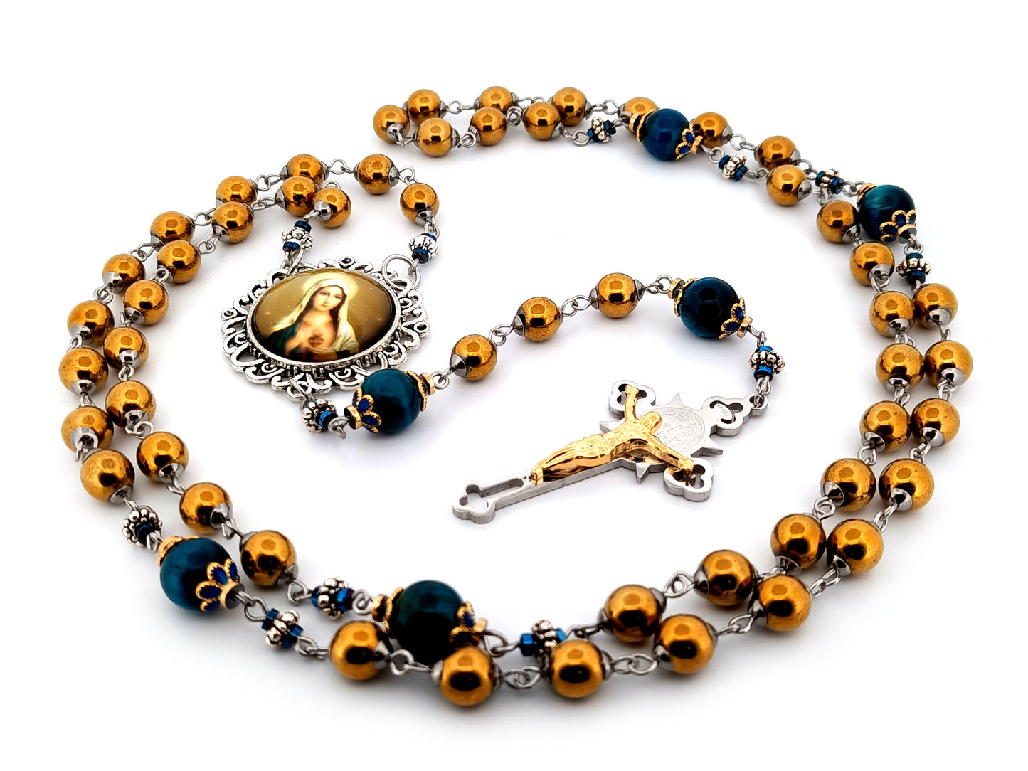Immaculate Heart of Mary unique rosary beads copper hematite and blue tigers eye gemstone rosary with Saint Benedict crucifix.