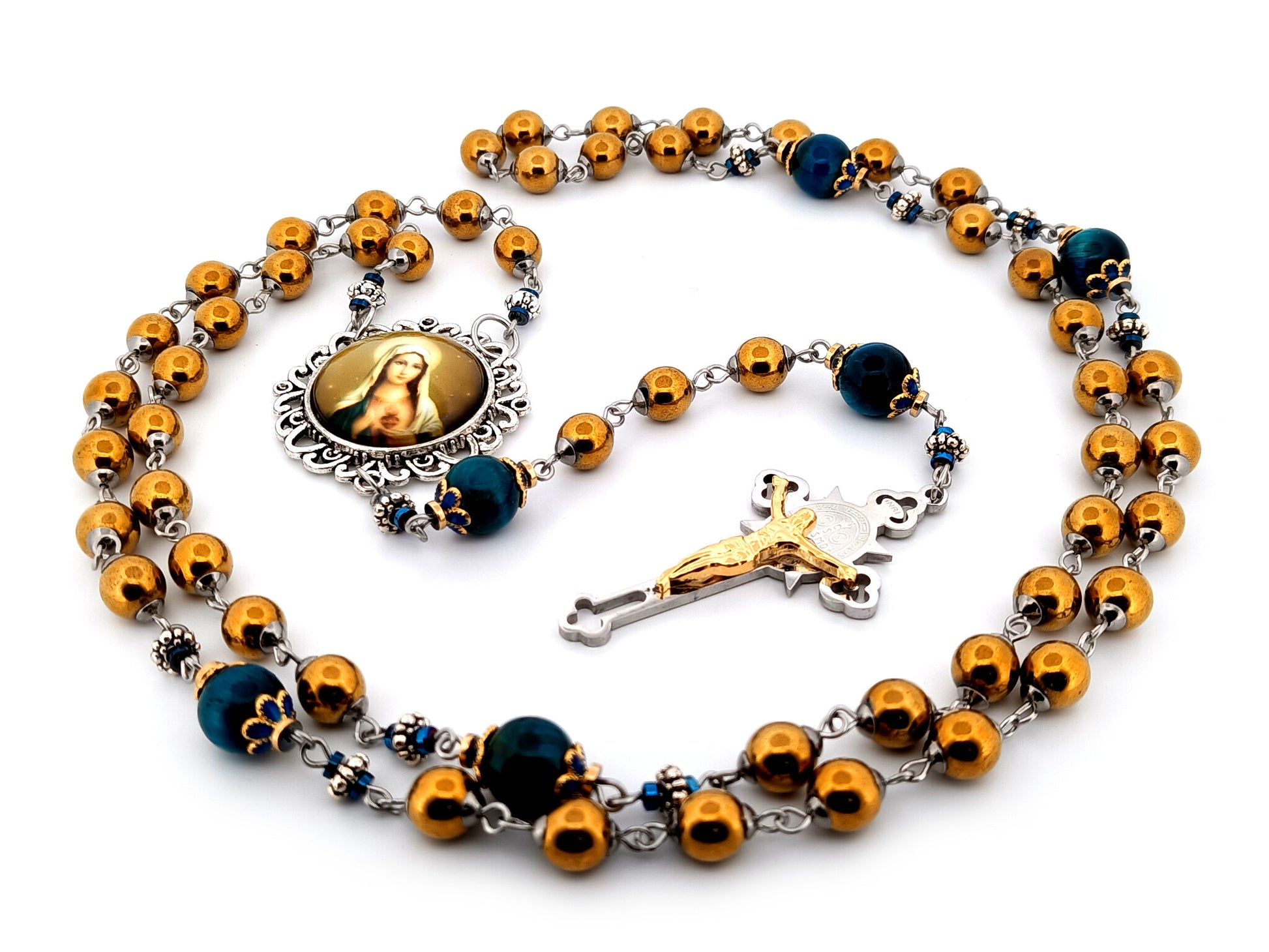 Immaculate Heart of Mary unique rosary beads copper hematite and blue tigers eye gemstone rosary with Saint Benedict crucifix.