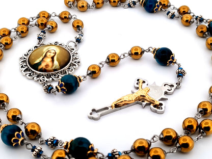 Immaculate Heart of Mary unique rosary beads copper hematite and blue tigers eye gemstone rosary with Saint Benedict crucifix.