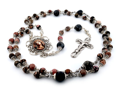 Blessed Virgin Mary unique rosary beads rhodonite and larvikite gemstone rosary with silver plated lily crucifix.
