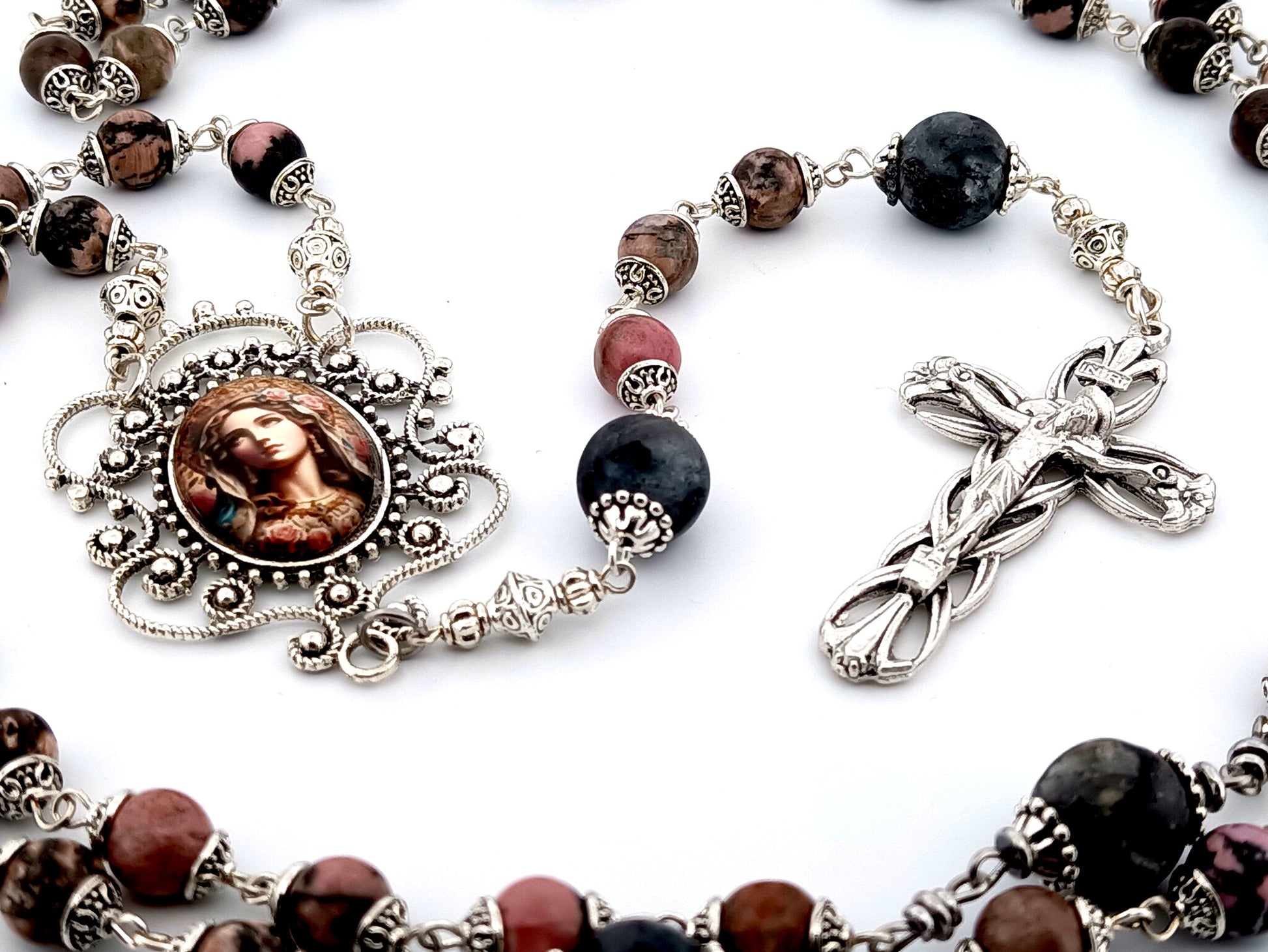 Blessed Virgin Mary unique rosary beads rhodonite and larvikite gemstone rosary with silver plated lily crucifix.