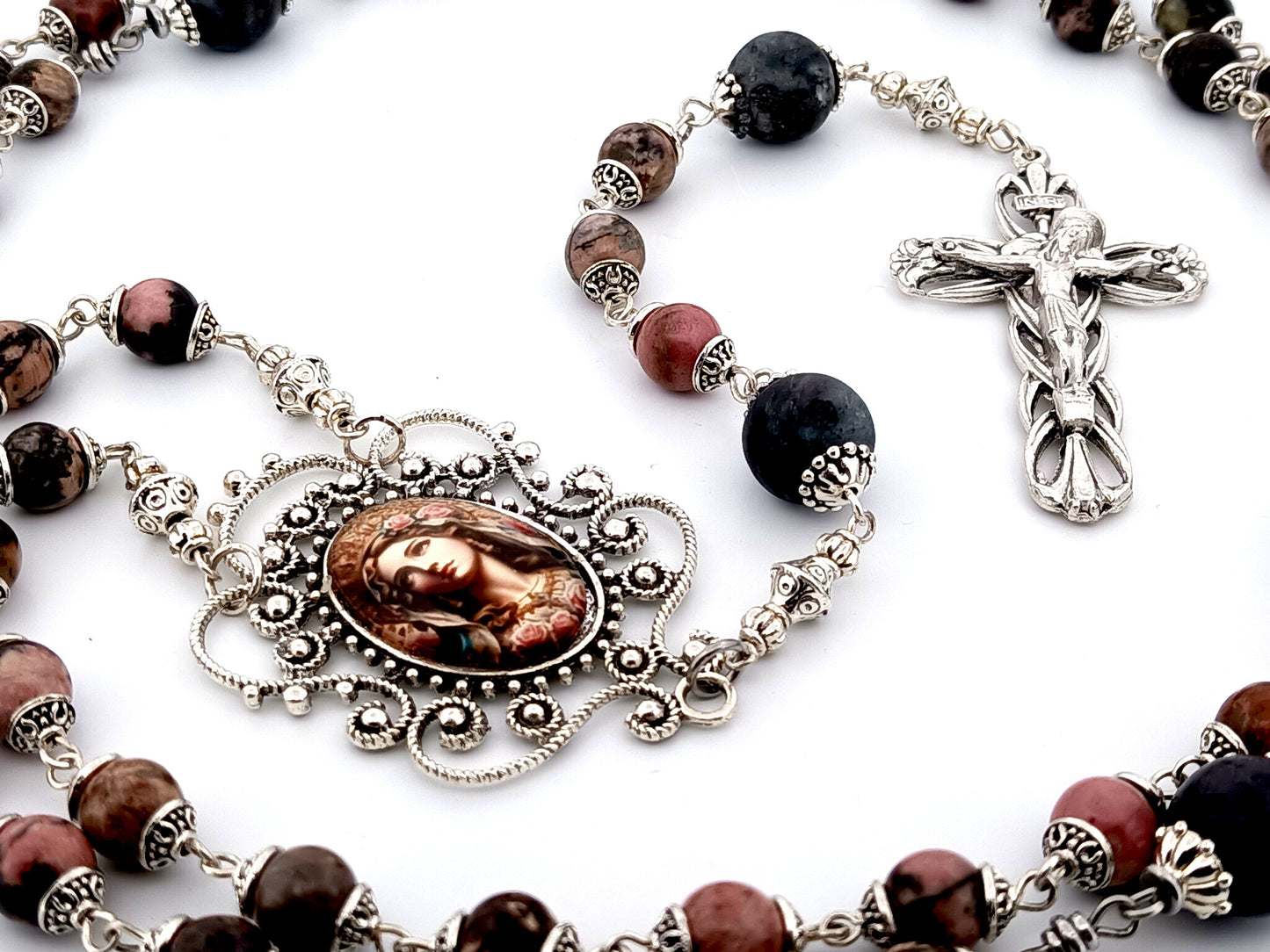 Blessed Virgin Mary unique rosary beads rhodonite and larvikite gemstone rosary with silver plated lily crucifix.
