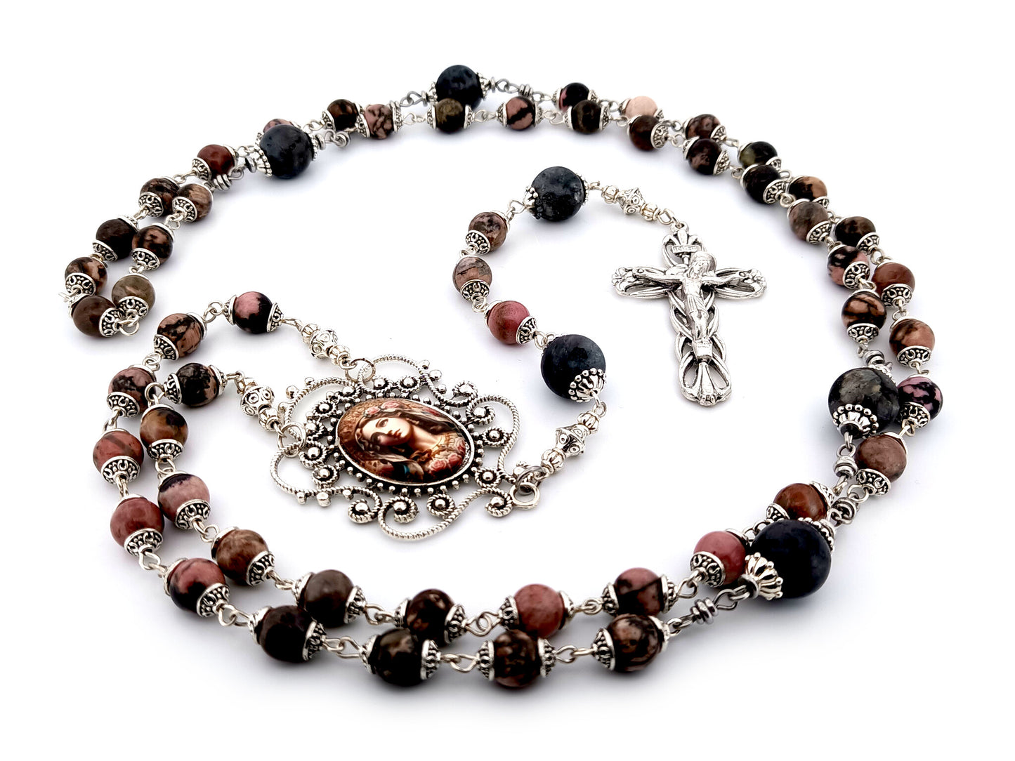 Blessed Virgin Mary unique rosary beads rhodonite and larvikite gemstone rosary with silver plated lily crucifix.