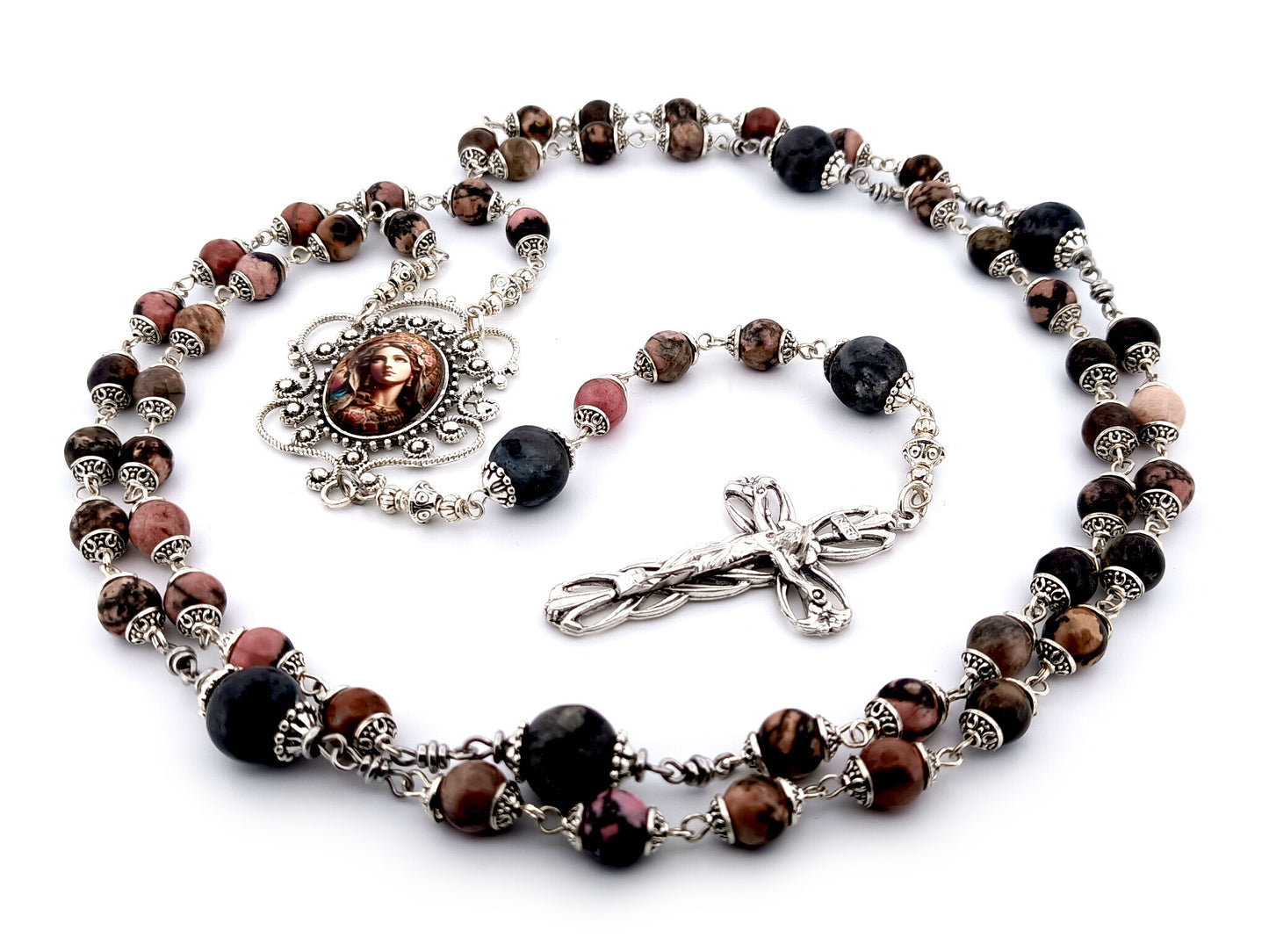 Blessed Virgin Mary unique rosary beads rhodonite and larvikite gemstone rosary with silver plated lily crucifix.