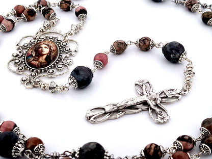 Blessed Virgin Mary unique rosary beads rhodonite and larvikite gemstone rosary with silver plated lily crucifix.