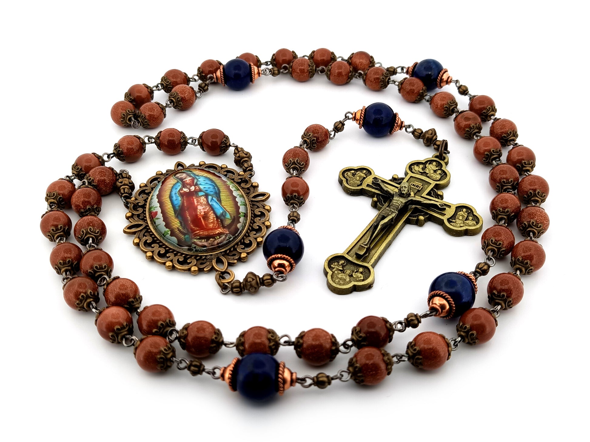 Our Lady of Guadalupe unique rosary beads gold stone and lapis lazuli gemstone rosary with brass twelve apostles crucifix.