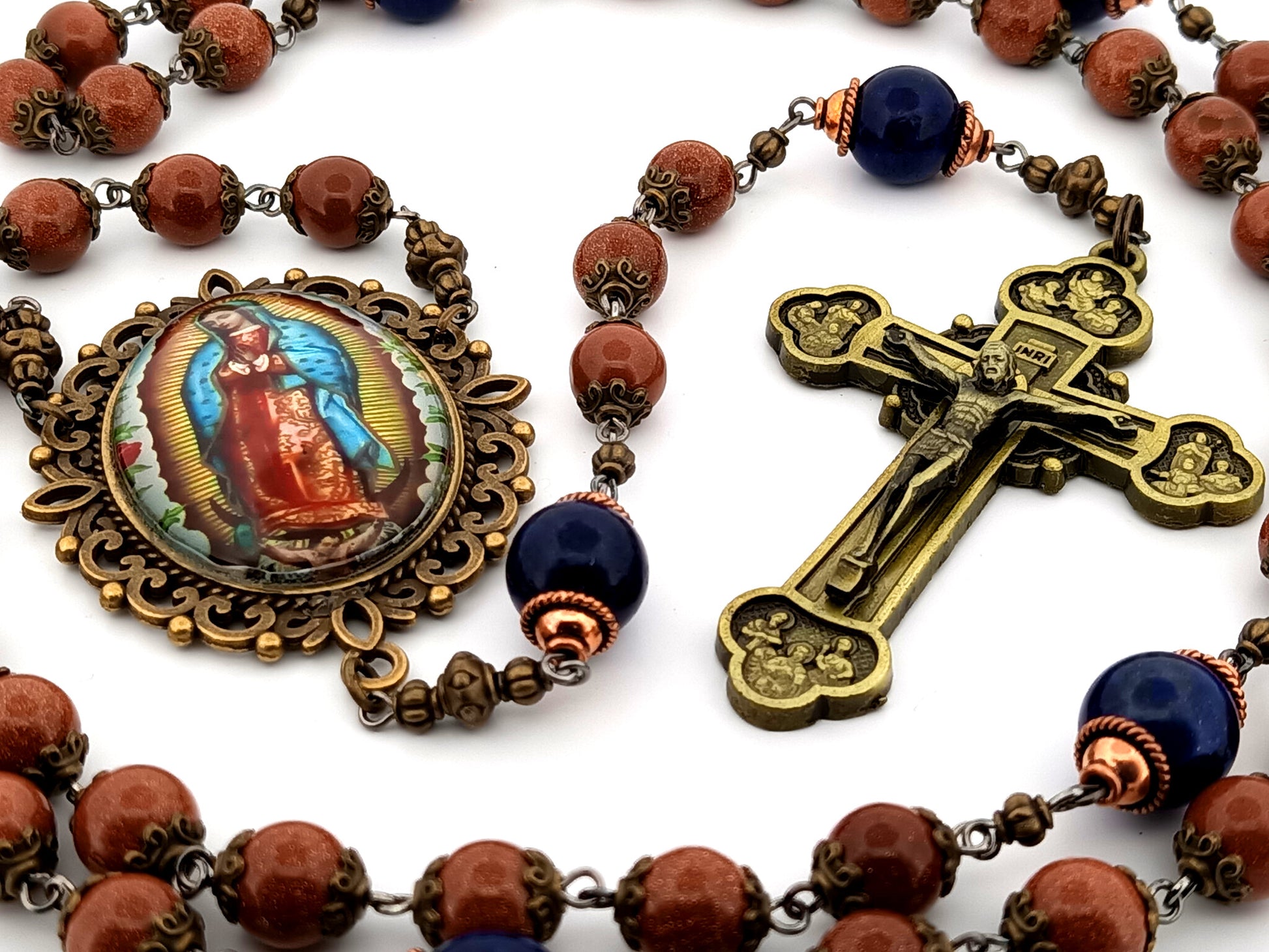 Our Lady of Guadalupe unique rosary beads gold stone and lapis lazuli gemstone rosary with brass twelve apostles crucifix.