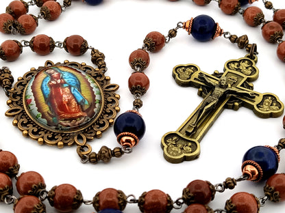 Our Lady of Guadalupe unique rosary beads gold stone and lapis lazuli gemstone rosary with brass twelve apostles crucifix.