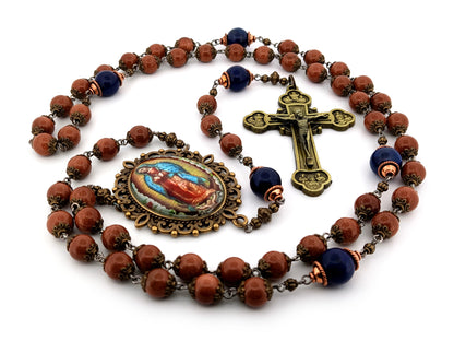 Our Lady of Guadalupe unique rosary beads gold stone and lapis lazuli gemstone rosary with brass twelve apostles crucifix.