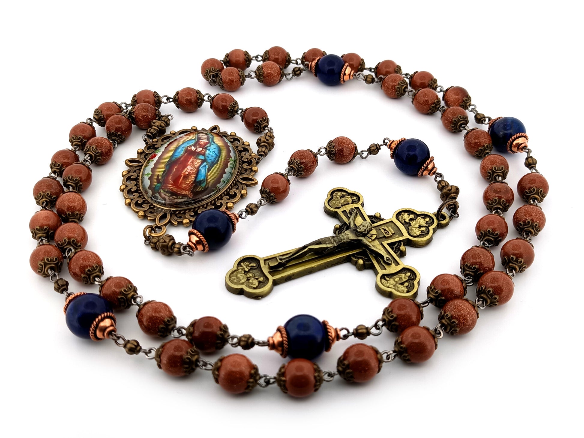 Our Lady of Guadalupe unique rosary beads gold stone and lapis lazuli gemstone rosary with brass twelve apostles crucifix.