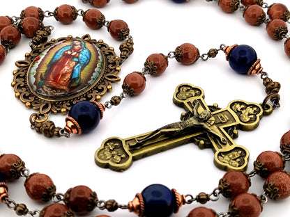 Our Lady of Guadalupe unique rosary beads gold stone and lapis lazuli gemstone rosary with brass twelve apostles crucifix.