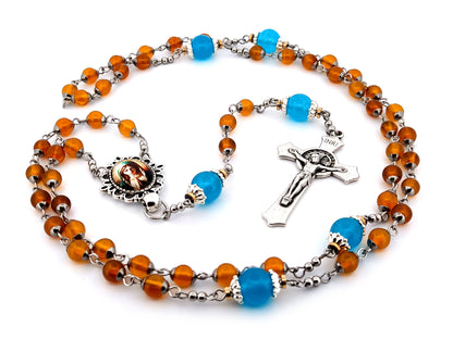 Virgin Mary praying unique rosary beads orange and blue glass rosary with Saint Benedict crucifix.