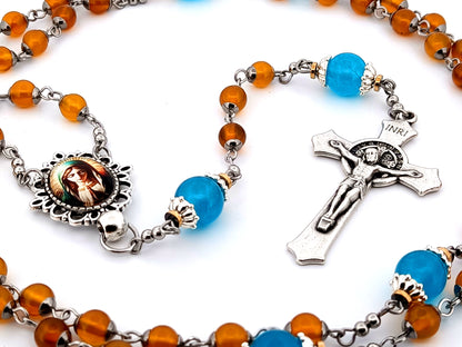 Virgin Mary praying unique rosary beads orange and blue glass rosary with Saint Benedict crucifix.